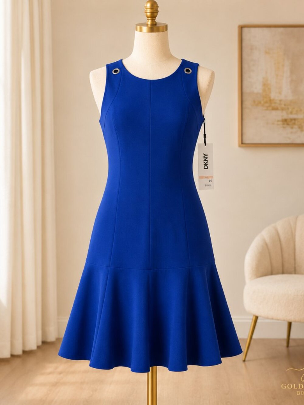 DKNY Fit & Flare Dress Womens 10 Royal Blue Grommet Shoulder Sleeveless NWT